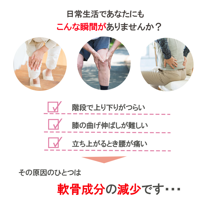 階段で上り下りが辛い、膝の曲げ伸ばしが難しい、たちあgるとき腰が痛い。その原因の一つは軟骨成分の現象です。